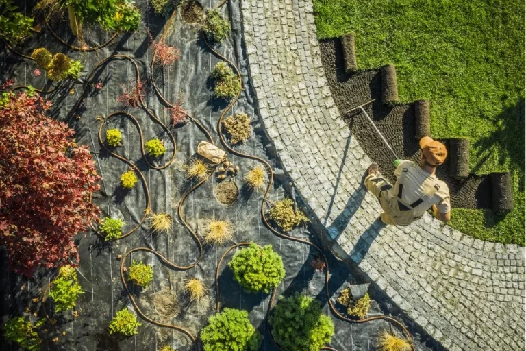 Landscape design installation with planting layout and stone walkway, image by OAKS Home Services