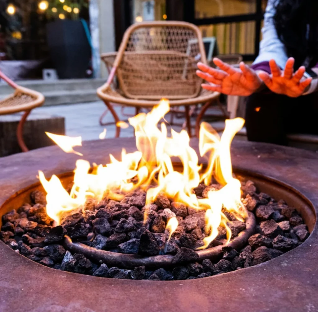 Landscape design with outdoor fire pit and seating area, image by OAKS Home Services