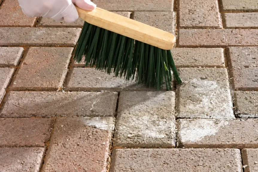 Gloved hand brushing dried oil remover from pavers, photo Oakshs