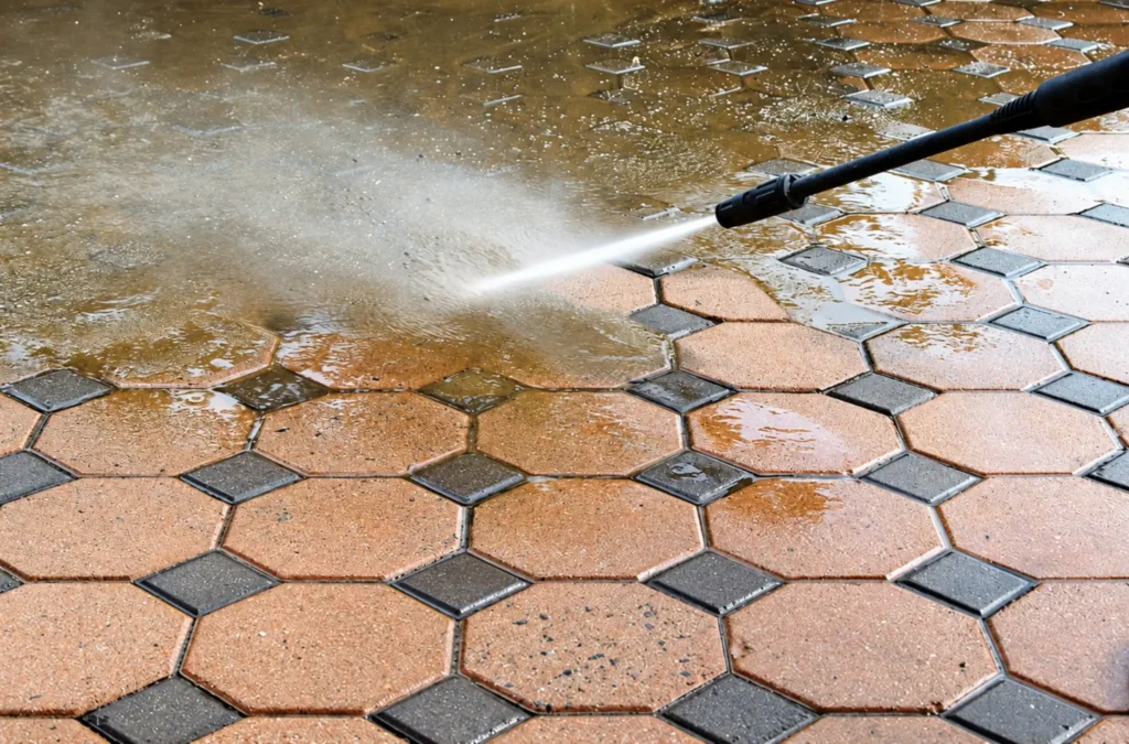 Pressure washer rinsing patterned concrete pavers, photo Oakshs