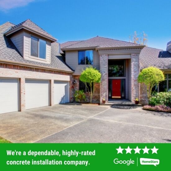 concrete-reviews-image Concrete surface installation in front of garage with reviews overlay, photo by Oaks Home Services