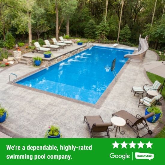 Outdoor swimming pool in home's backyard.