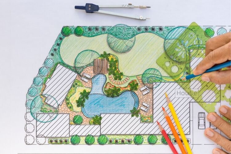 Landscape design planning with detailed garden layout drawing