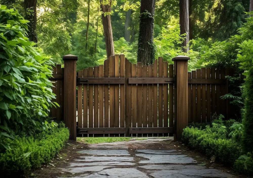 Landscape design with wooden gate and natural garden path, image by oakshs.ca