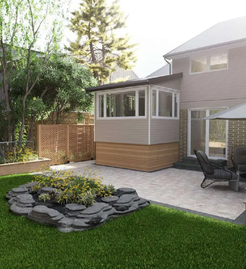 Landscape design with backyard patio and garden feature