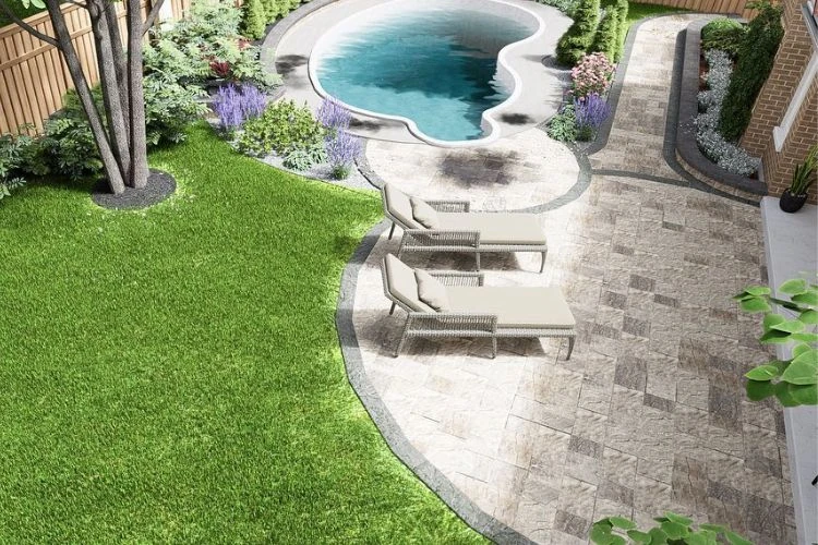 Curved interlocking patio around backyard pool creating smooth flow and elegant design