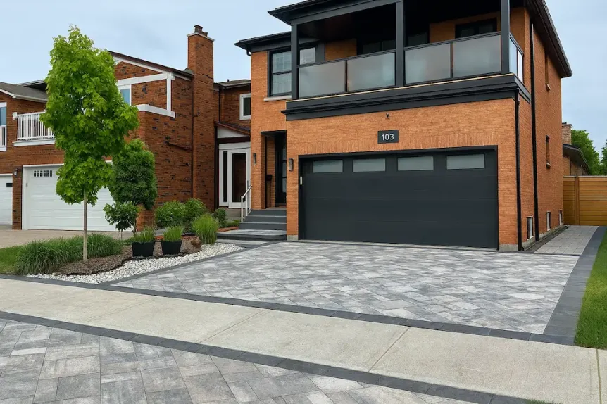 Modern interlock driveway with large format grey pavers and contrasting dark border in Toronto GTA