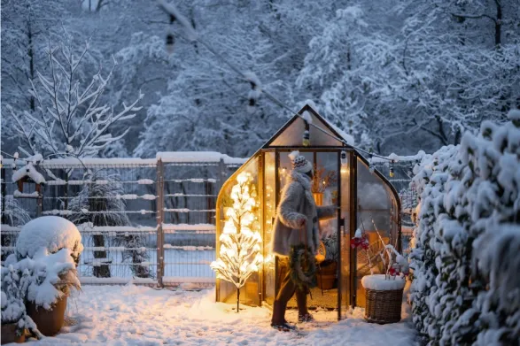 Snow-covered backyard in winter, highlighting why it’s the perfect time to plan spring landscaping projects
