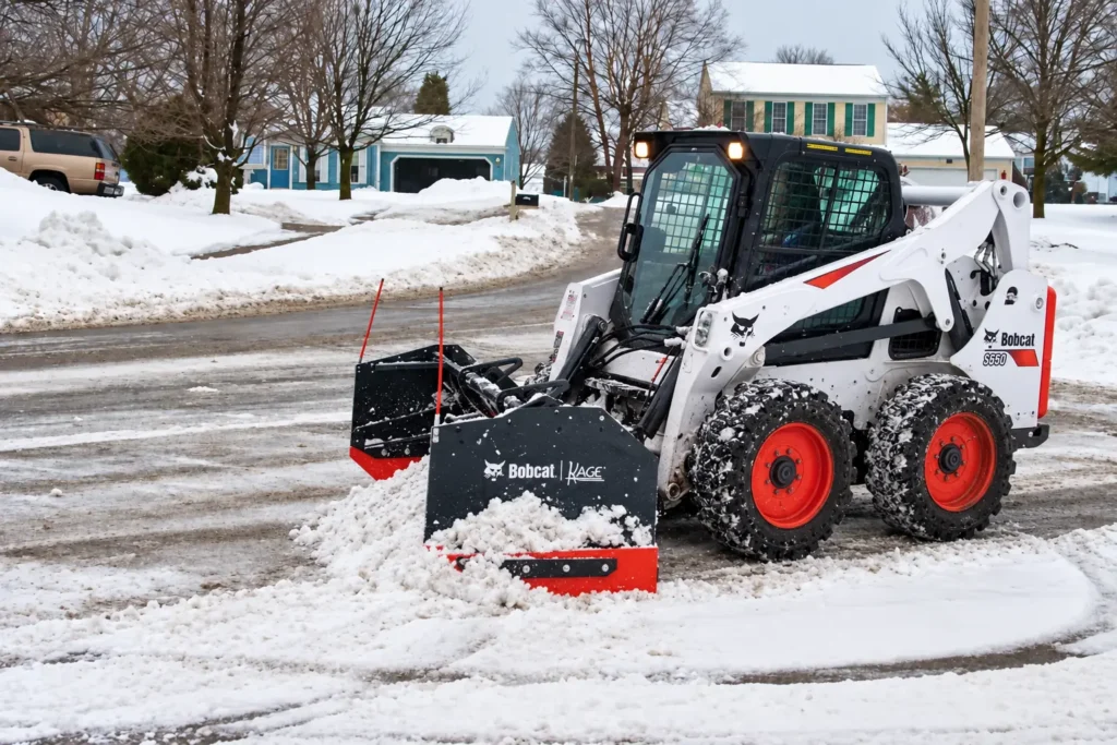 Oaks Bobcat S650 plowing snow on a residential street, photo by Oaks