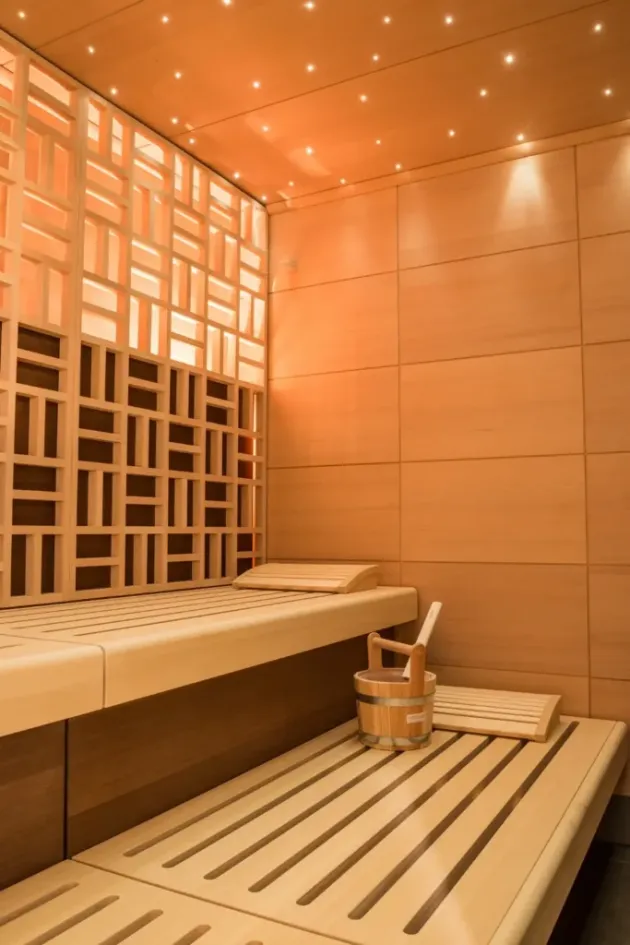 Modern home sauna with custom wood panels, benches, and recessed lighting, photo by Oaks