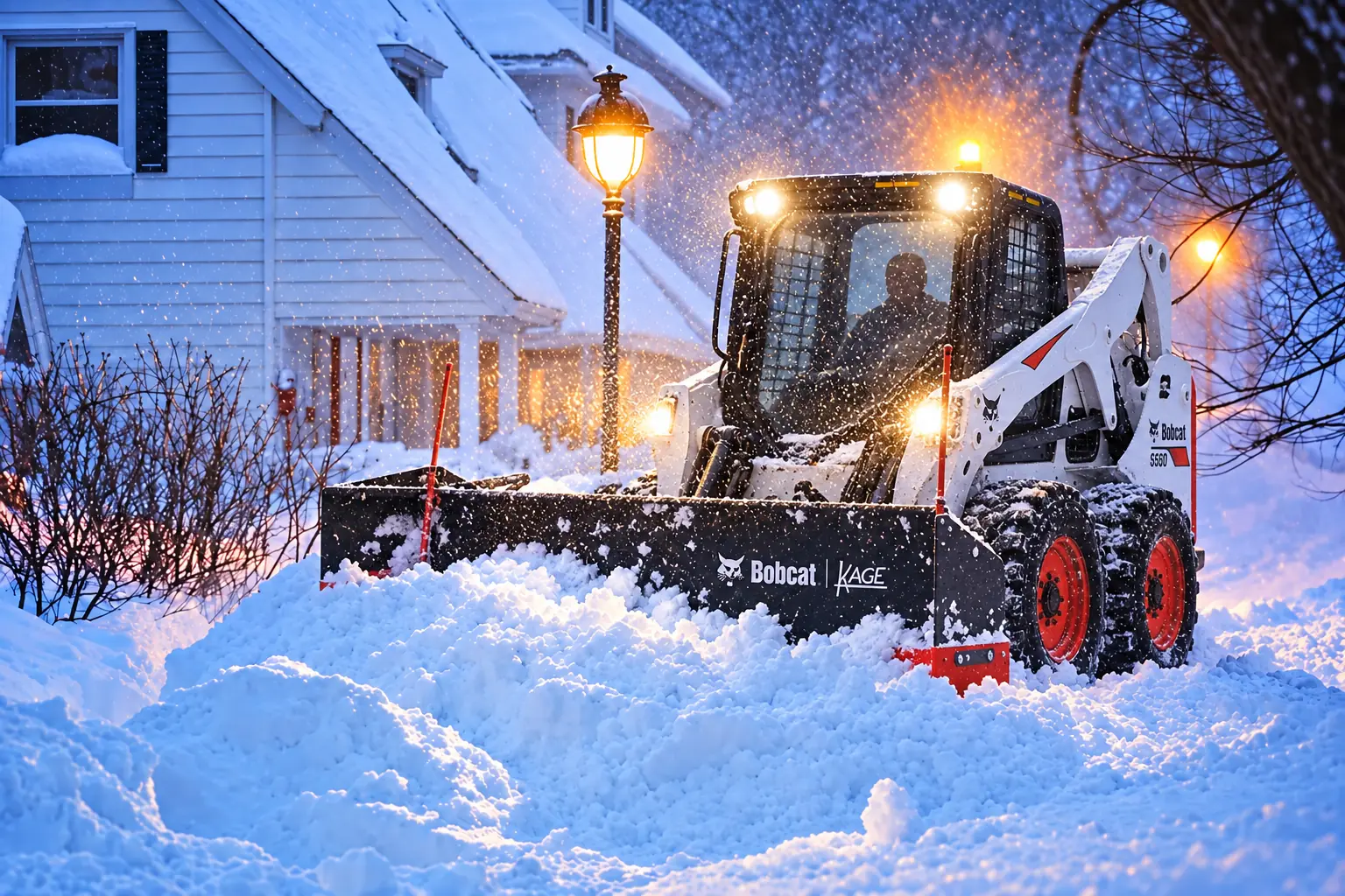Oaks Bobcat S650 plowing a residential street at night, photo by Oaks