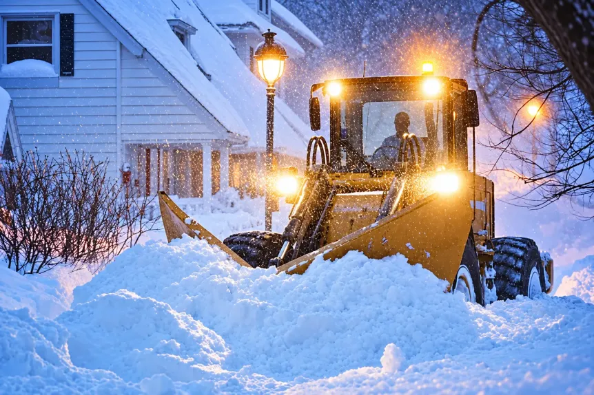 Wheel loader clearing heavy snow at night, photo by Oaks