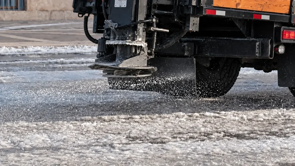 Oaks RAM 5500 salt spreader treating an icy parking lot, photo by Oaks