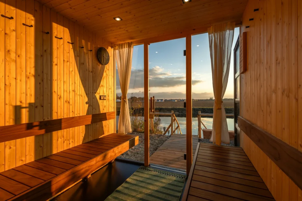 Outdoor sauna interior with glass doors and a view of the backyard pond, photo by Oaks