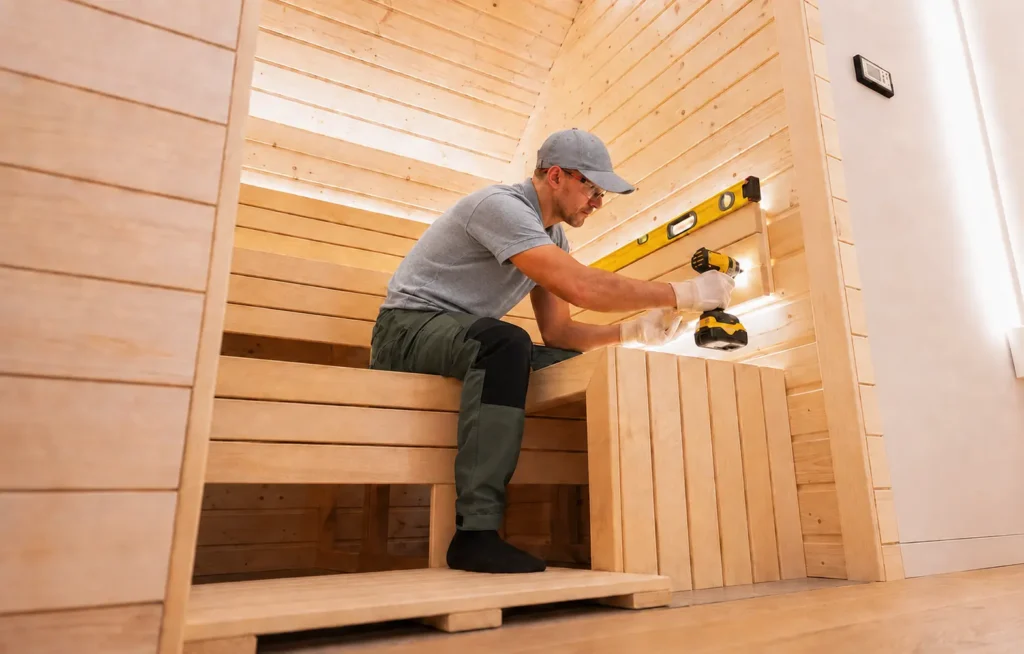 Sauna installer assembling a custom wooden bench and illuminated backrest, photo by Oaks
