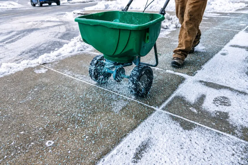 Salt spreader treating an icy commercial sidewalk, photo by Oaks