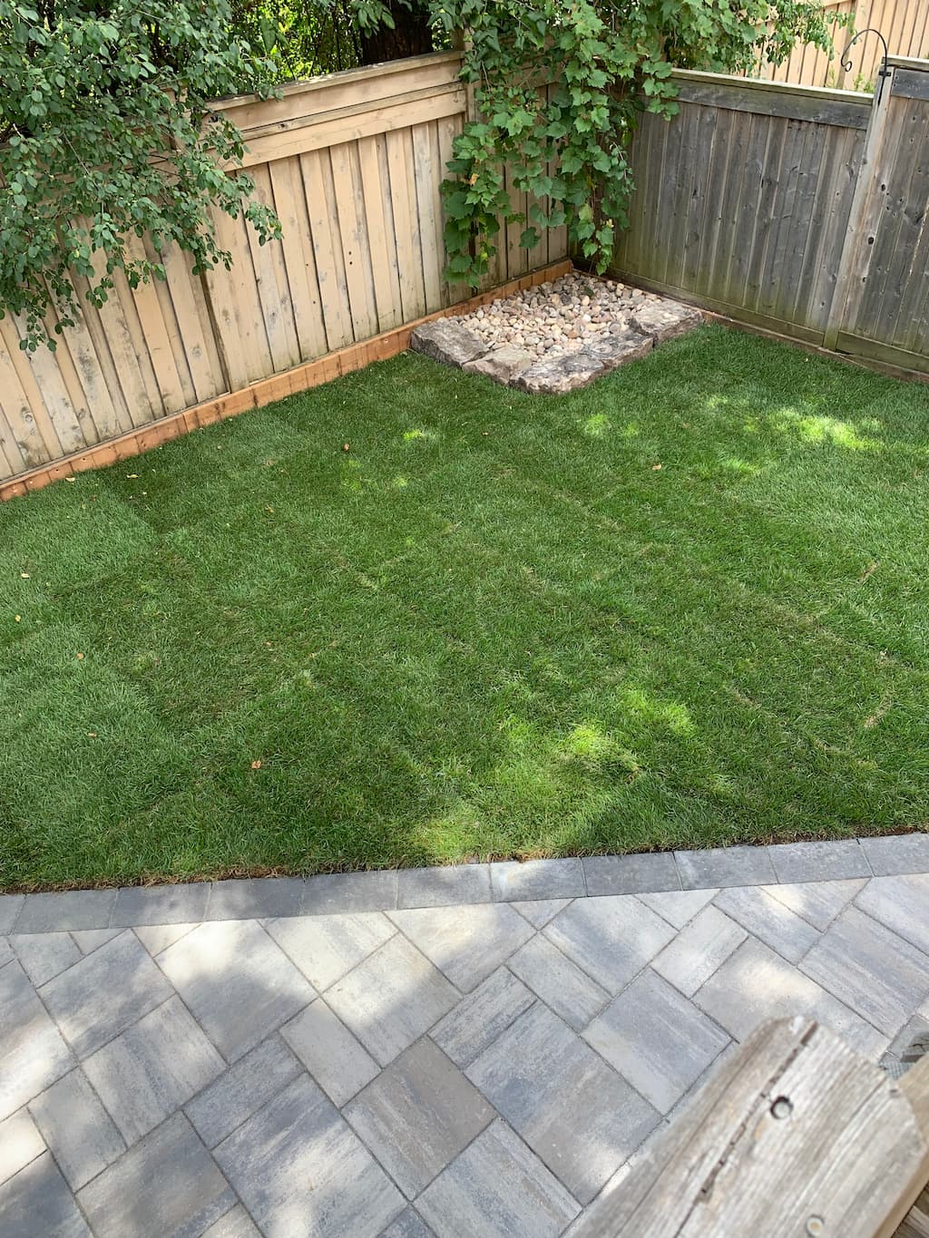 backyard landscaping with green lawn, stone patio pavers, wood fence, and small decorative gravel corner feature
