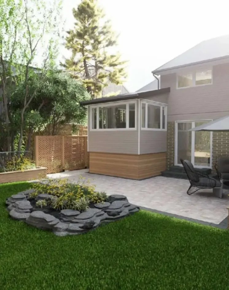 Landscape design with backyard patio and garden feature, image by OAKS Home Services