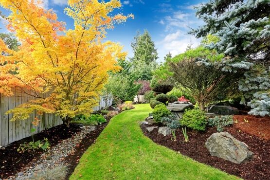 Landscape design by Oaks with garden path and seasonal trees