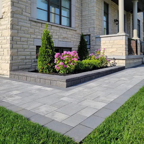 Front yard planting and stone walkway with clean landscape detailing