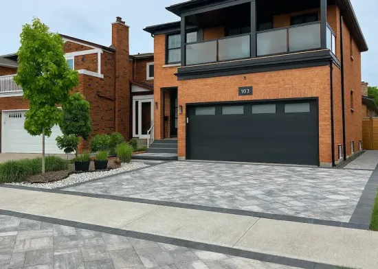 Interlocking driveway with modern stone pattern in Rosedale, image by oakshs.ca