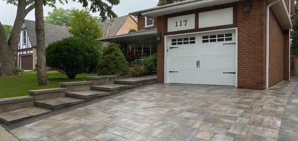 Interlocking driveway with stone pavers and front steps, image by oakshs.ca