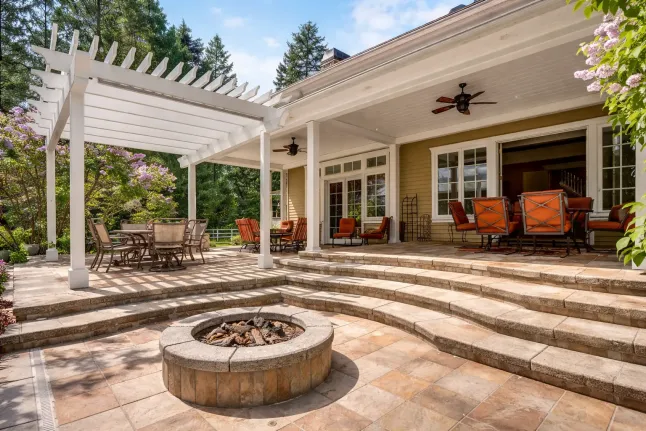 covered backyard patio with pergola seating area and stone fire pit on paved terrace