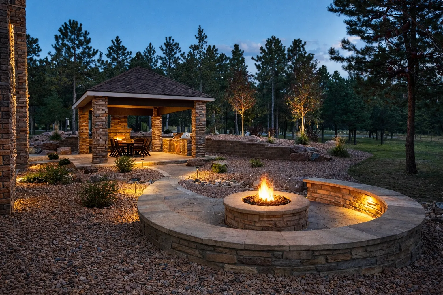 backyard fire pit with curved stone seating and gazebo outdoor kitchen with landscape lighting