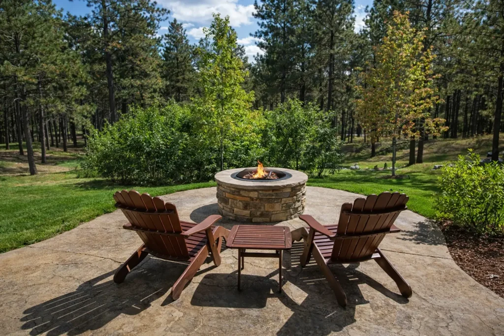 stone fire pit with wooden chairs on patio surrounded by trees and landscaped yard