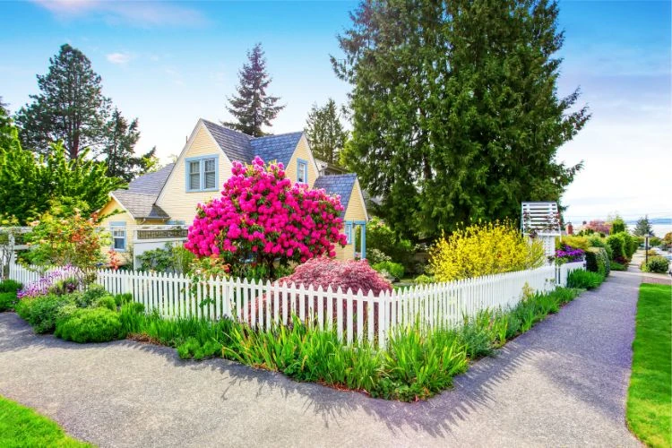 White picket fence surrounding a landscaped front yard with blooming flowers in a Toronto neighborhood