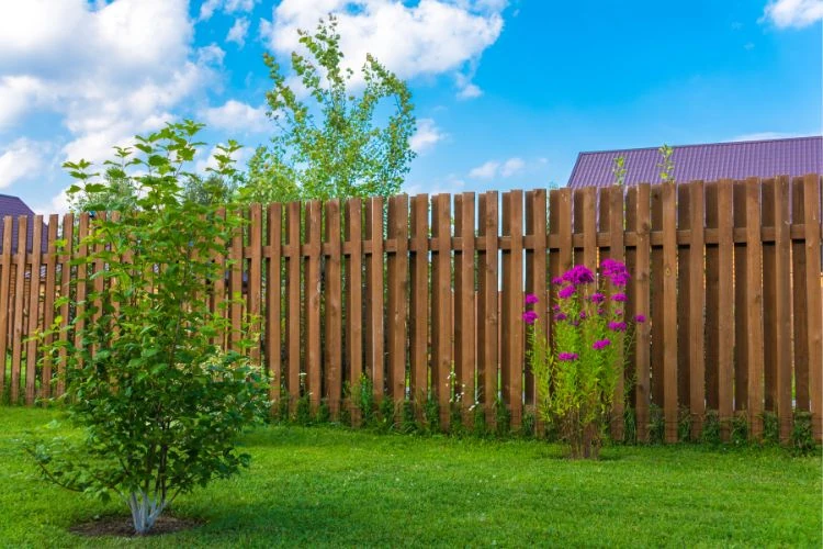 Wooden privacy fence enclosing a backyard garden with green lawn and flowering plants