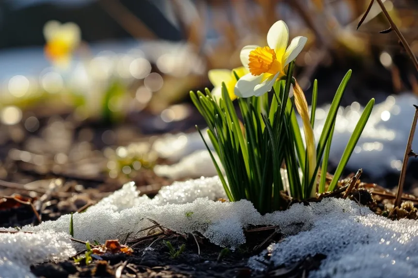 Early spring flowers emerging through snow, symbolizing winter planning for landscaping projects