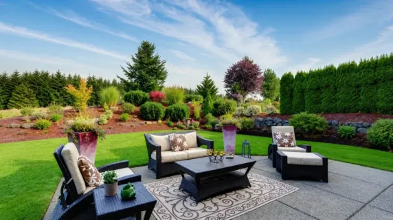 Backyard patio with outdoor seating, green lawn, and landscaped garden