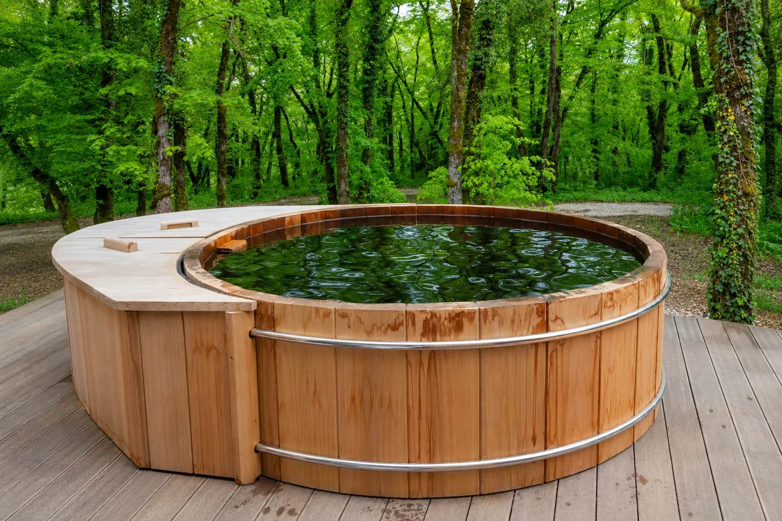 Cedar barrel hot tub with stainless bands on a deck in a green forest setting, photo by oakshs.ca