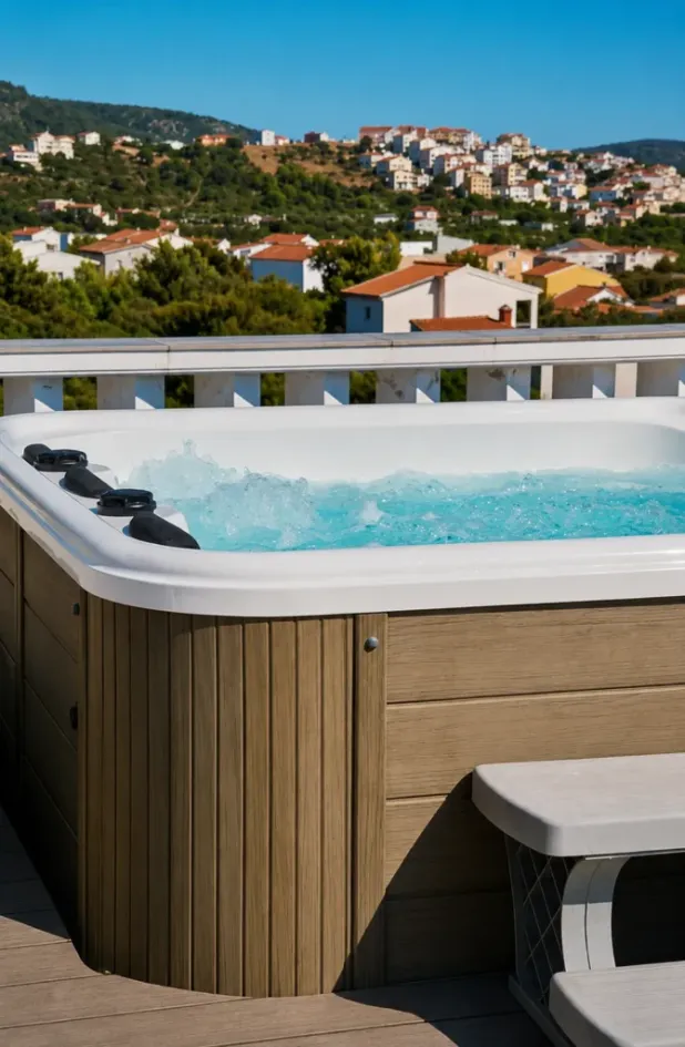 Wood-cabinet hot tub on a rooftop deck overlooking a hillside town, photo by oakshs.ca