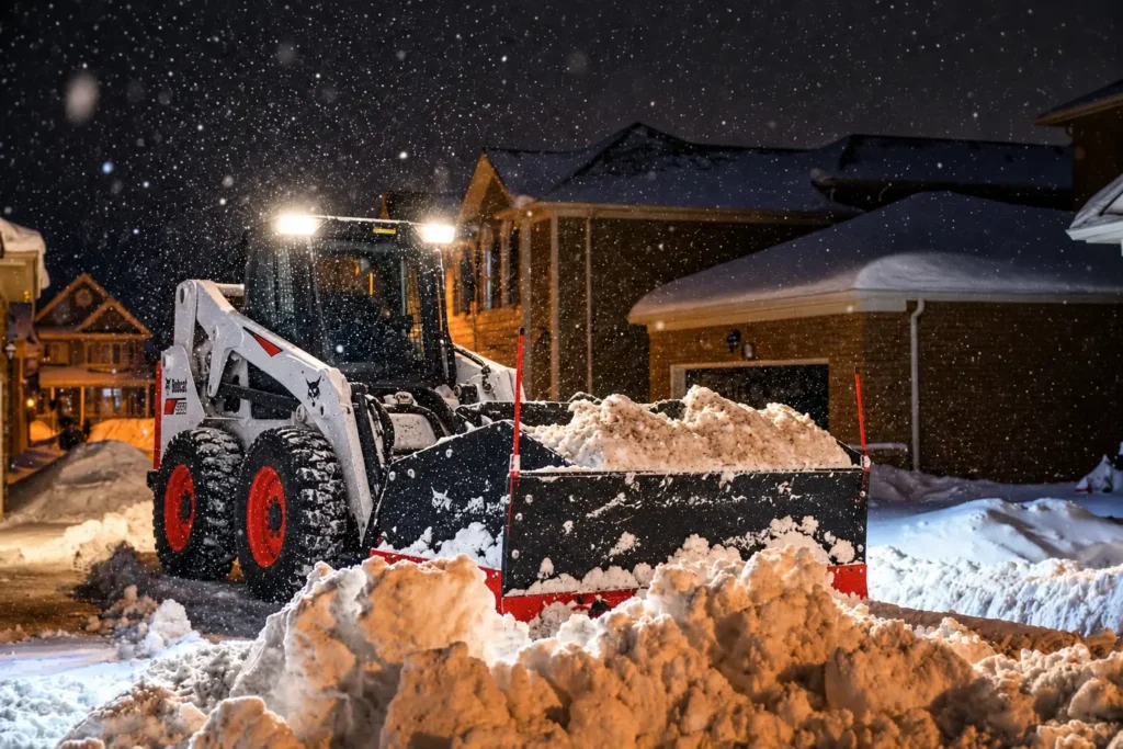 Oaks Bobcat S650 clearing deep snow at night, photo by Oaks