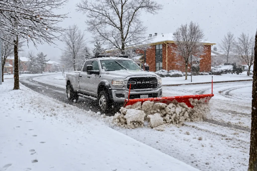 Silver Oaks RAM 5500 plowing a snowy street, photo by Oaks
