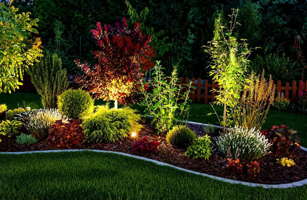 decorative garden bed with landscape lighting, shrubs and plants illuminated at night