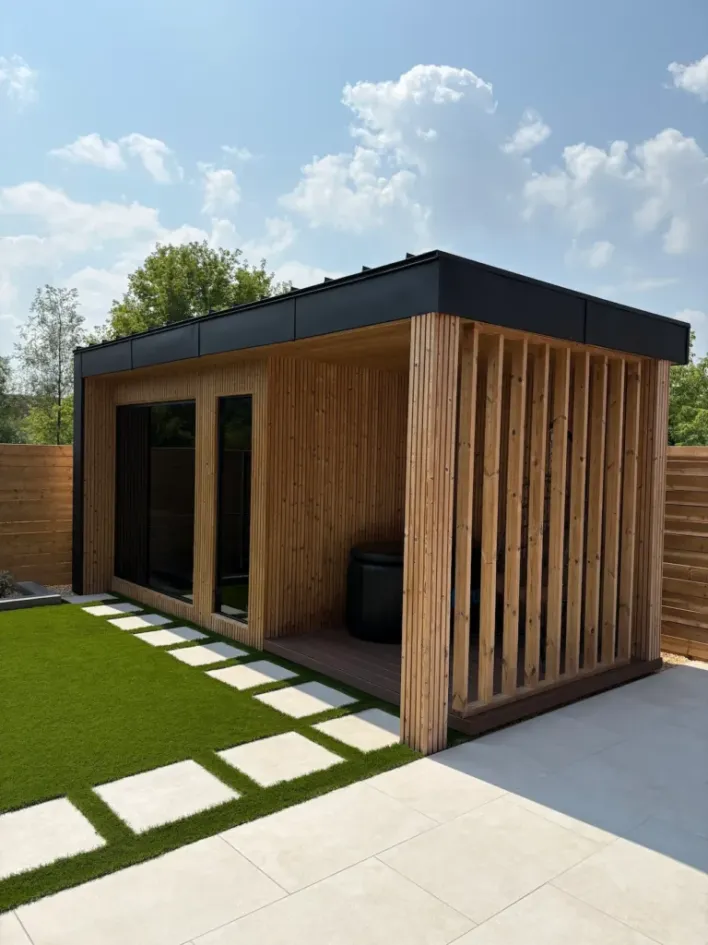 modern backyard sauna with wood exterior clean patio pavers and landscaped garden pathway