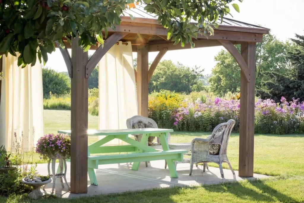 wood pergola with picnic table seating area in landscaped garden backyard