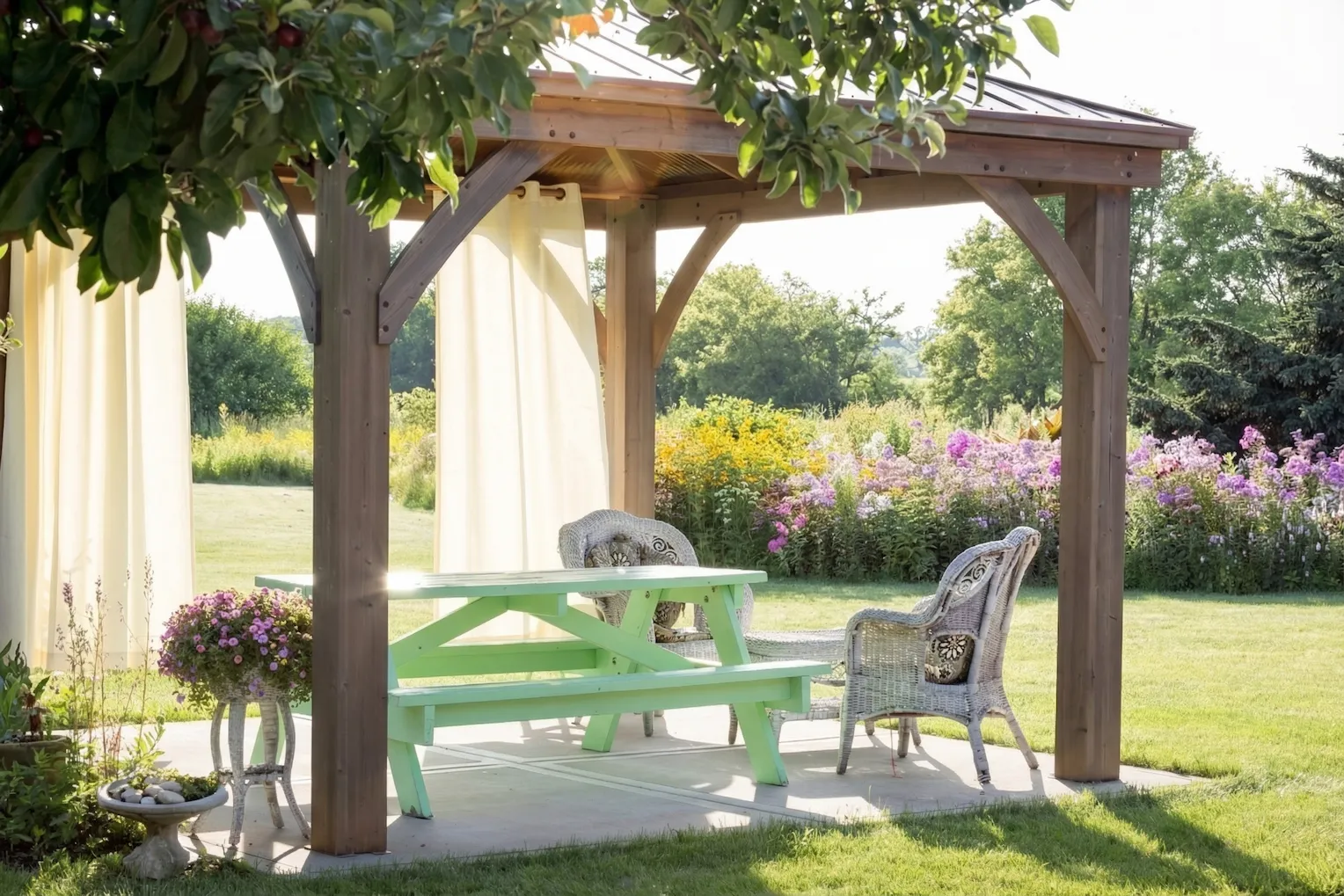 wood pergola with picnic table seating area in landscaped garden backyard