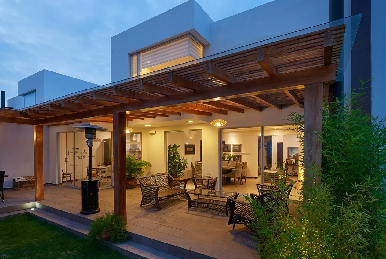 modern backyard covered patio with wood pergola, outdoor seating and ambient lighting