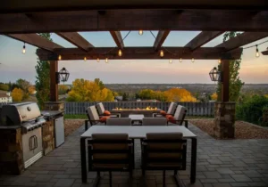 Small outdoor space with pergola lights and fire pit, image by OAKS Home Services