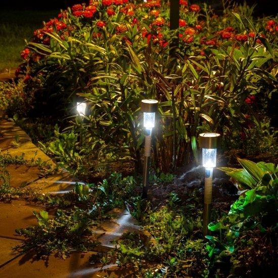 Landscape lighting installation in a garden.