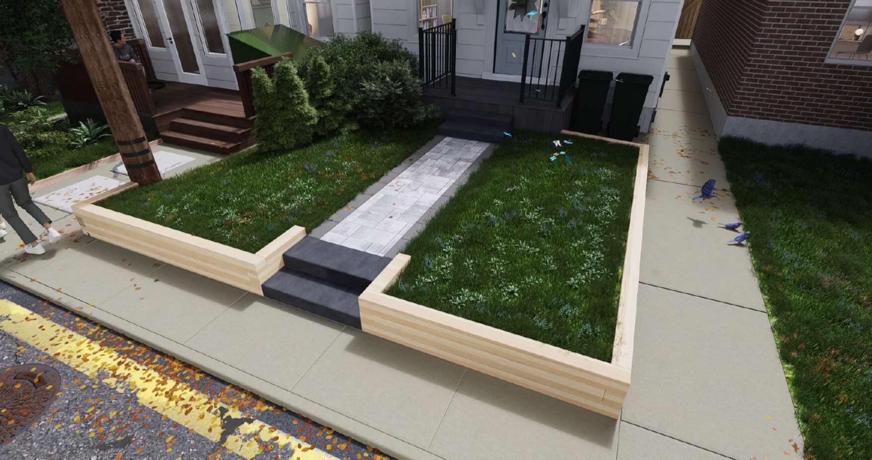 Front Yard And Walkway Design 3D Rendering, image by oakshs.ca