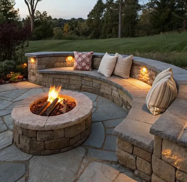 Outdoor seating area by Oaks with stone fire pit and built-in benches
