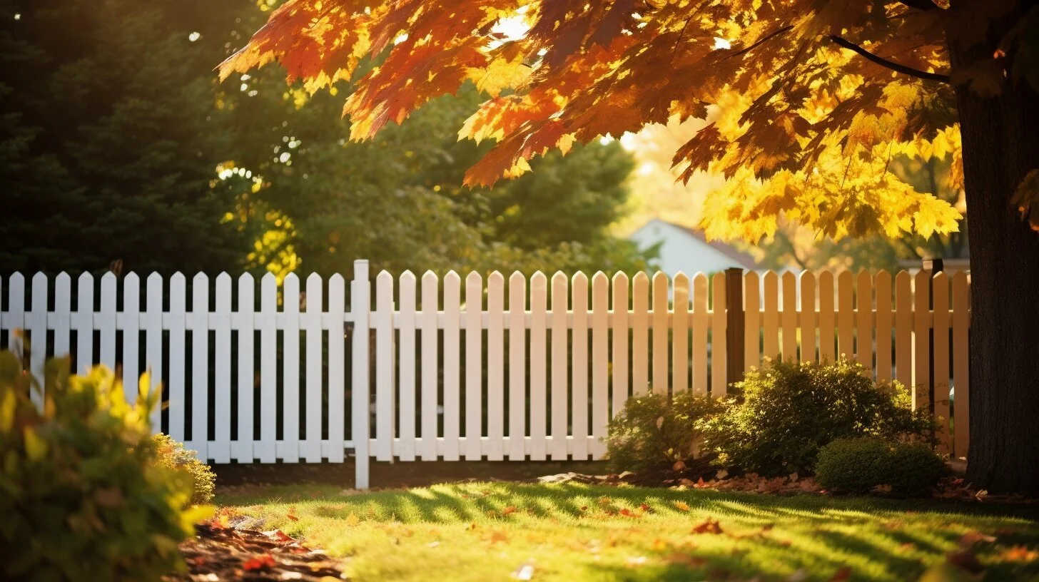 White picket fence in sunny backyard with autumn leaves and warm golden light