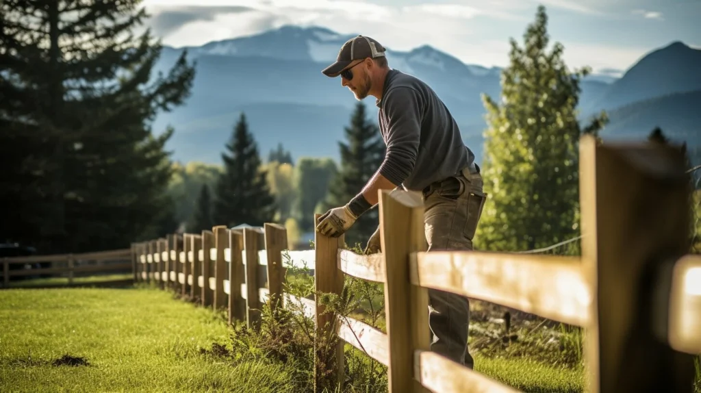 Worker installing wooden ranch-style fence with scenic mountain landscape in background