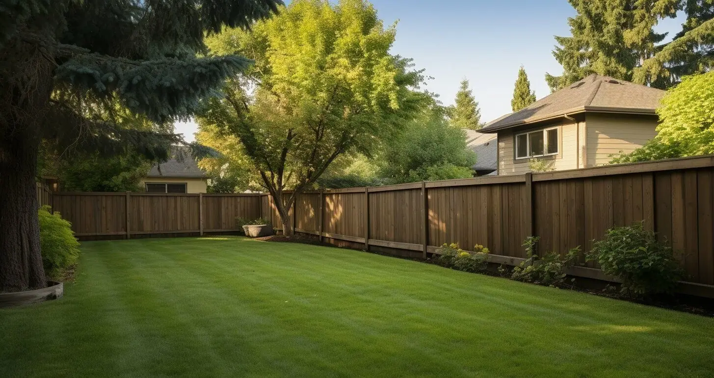 Spacious backyard lawn with tall wooden fence and mature trees surrounding property