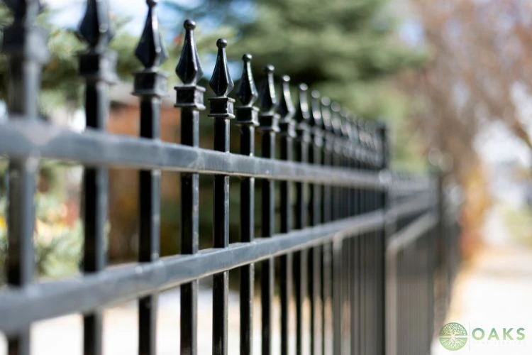Black metal security fence with pointed finials along residential property